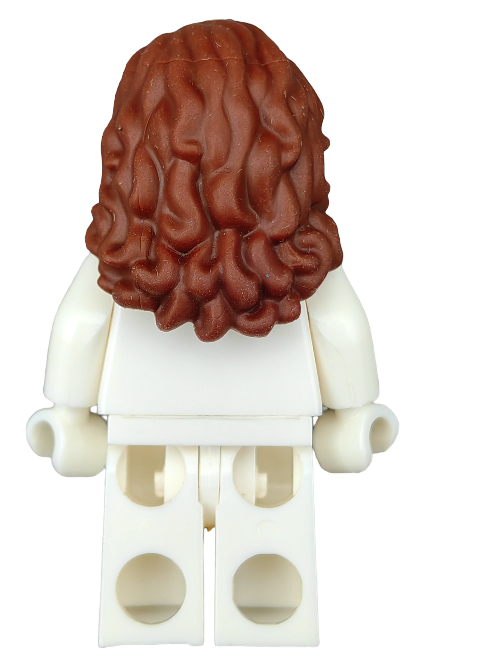 A rear view of a LEGO mini-figure highlights the 6404471 Wig, featuring long, curly chocolate brown hair. The plain white figure is minimalistic, with no visible features or accessories.