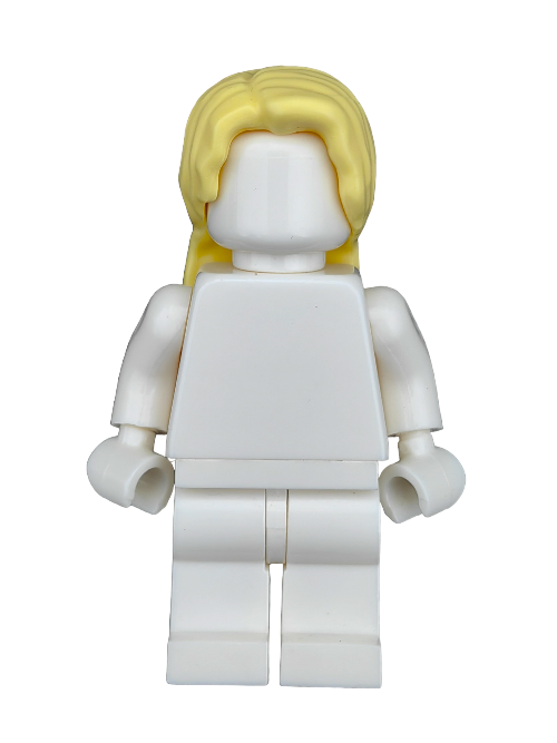 A white LEGO figure, featuring the LEGO 6403825 Wig with long yellow hair (UB1253), stands upright. The minifigure lacks facial features or decals on its body and is set against a plain white background.