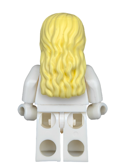 A LEGO minifigure showcases the vibrant LEGO 6403825 Wig, Yellow Hair Long - UB1253 with striking long, wavy blonde hair. Its white body lacks facial features, highlighting the distinctive yellow hair accessory.