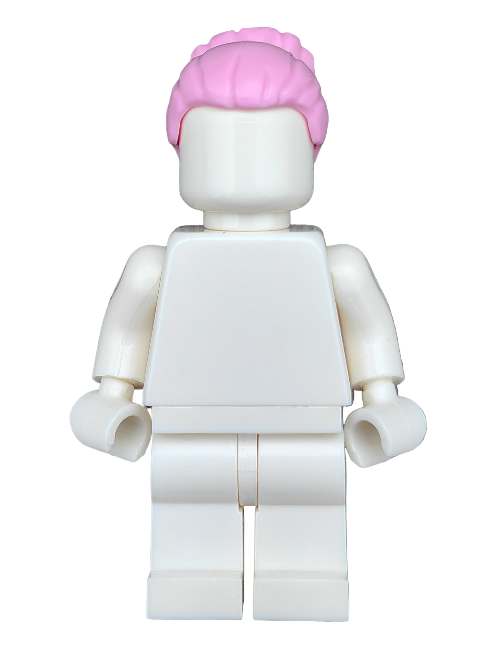 A LEGO minifigure with a white torso and no facial or clothing details sports the vibrant LEGO 6365025 Wig, featuring pink hair in a large bun high at the back. The figures arms are slightly bent as it faces away, highlighting its simplified design.