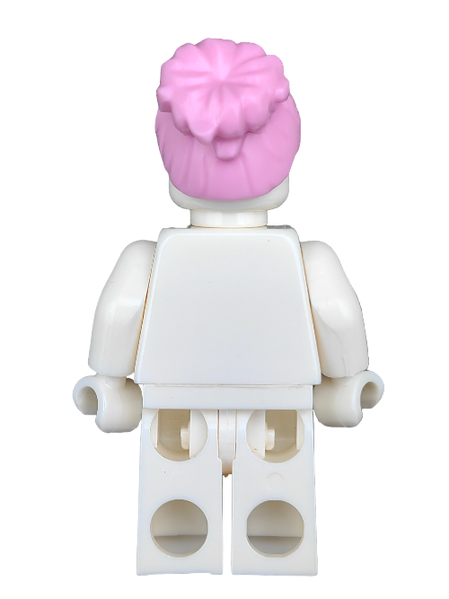 A white Lego Minifigure is shown from the back, featuring a light pink LEGO 6365025 Wig with a large bun and white body parts. It has a smooth base instead of legs.
