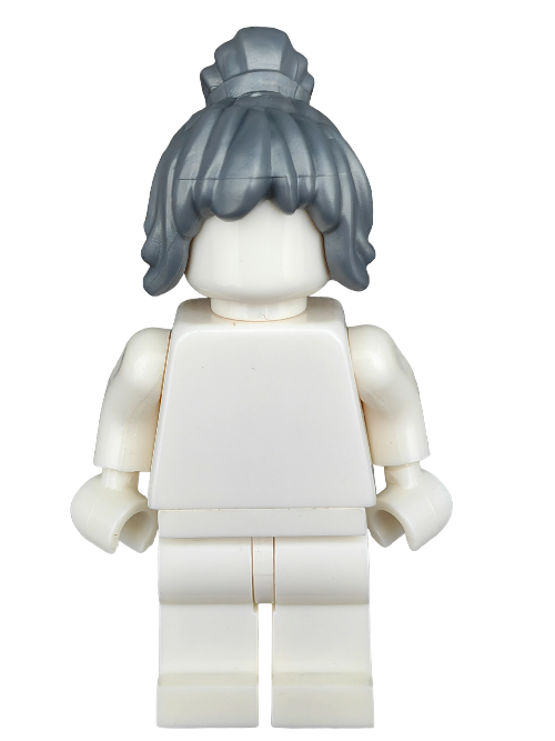 A LEGO minifigure with the LEGO 6413618 Wig, Grey Hair Wavy Ponytail with Long Sides - UB1265, dressed in white, displays its elegant silhouette from the back. Perfect for any toy collection, it features gray hair styled beautifully in a wavy ponytail.