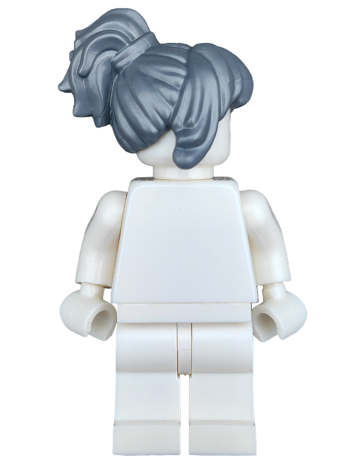The LEGO 6413618 Wig is a distinctive white plastic figurine with grey wavy ponytail hair, standing from the back with its arms at its sides against a plain white backdrop, ideal for any toy collection or as an eye-catching Minifigure accessory.