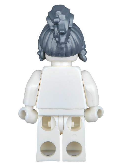A back view of a LEGO-style minifigure with the LEGO 6413618 Wig, featuring a grey wavy ponytail and long sides. It wears a plain white outfit, and its slightly bent arms add charm to this piece, ideal for any toy collection.