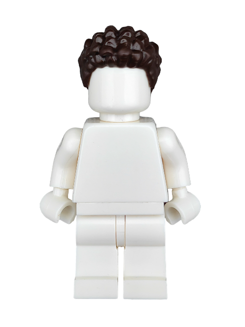 A LEGO minifigure with a blank face wears all-white clothes and has the LEGO 6350643 Wig, Brown Hair Coiled and Short - UB1269, ideal for customizers.