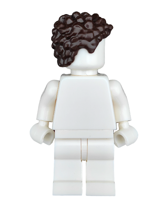 A white Lego minifigure with slightly tilted arms highlights customization while sporting LEGO 6350643, a brown coiled and short hair wig, from behind without visible facial features.