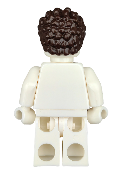 The rear view of a LEGO 6350643 minifigure, featuring a coiled short brown Wig (UB1269) and dressed in an all-white outfit, is set against a pristine white background.
