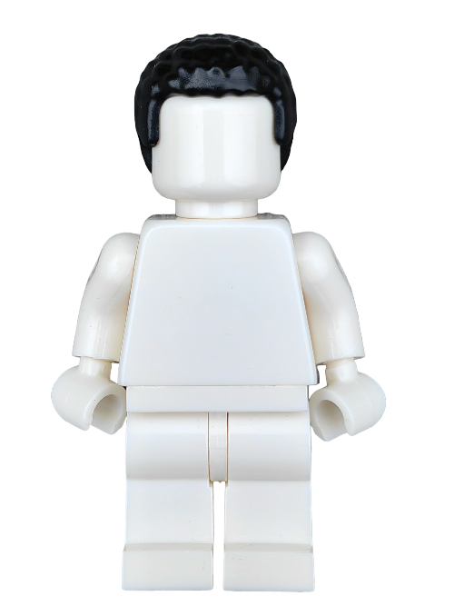 The white plastic toy figurine, resembling a simplified human shape, features movable limbs and wears the LEGO 6356861 Wig in black. It has a minimalistic design with no facial features or clothing details, allowing for customization.
