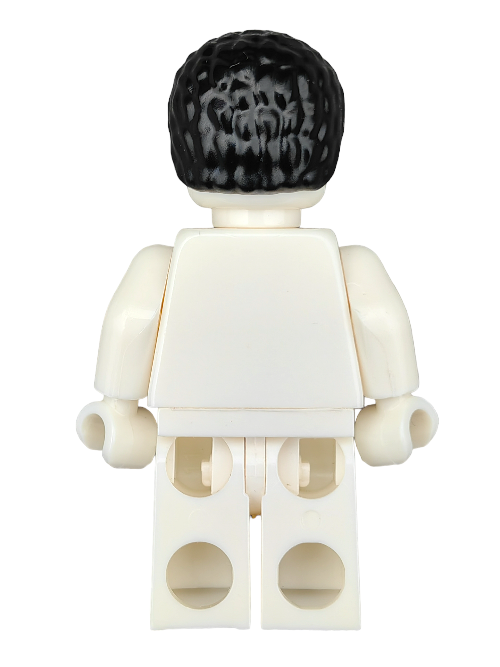 Back view of a LEGO minifigure featuring the LEGO 6356861 Wig with black coiled hair and straight sides, dressed in a white outfit, highlighting endless customization possibilities.