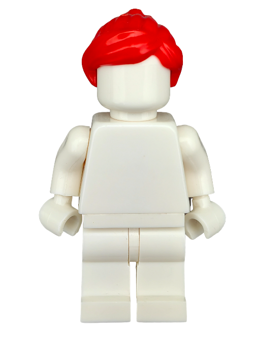 A white, faceless toy figure features a LEGO Wig with a red ponytail and side-swept fringe (Product Number: 6396677).