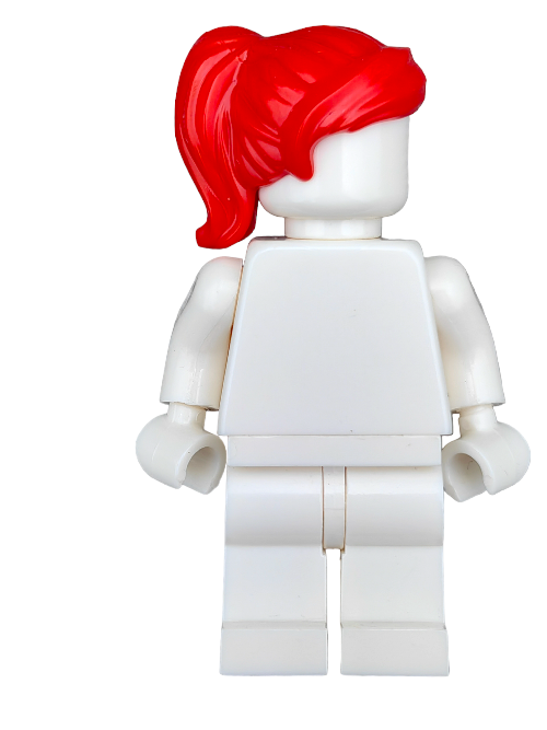 A white LEGO minifigure showcases the LEGO 6396677 Wig, featuring vibrant red hair in a ponytail and side-swept fringe, facing away with arms down.