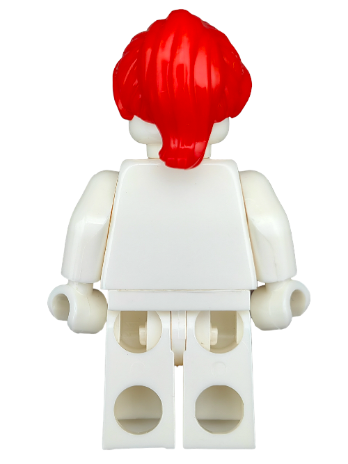 Back view of a white toy figure with vibrant red hair in a ponytail, featuring the LEGO 6396677 Wig. The miniature character has blocky limbs typical of building block toys and sports this distinctive Minifigure Wig style.