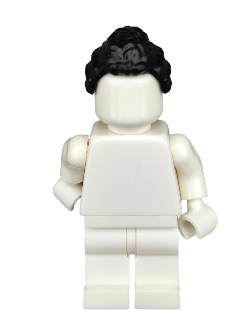 A white LEGO minifigure features a sleek design with the LEGO 6371960 Wig, showcasing long black braided hair. It stands upright with slightly bent arms, lacking facial features or clothing details, perfect for unique minifigure styling enthusiasts.