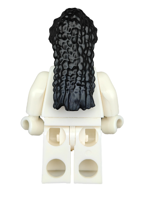 The rear view shows a white Lego minifigure torso and legs with the LEGO 6371960 Long Black Braided Hair Wig - UB1281, set against a white background.