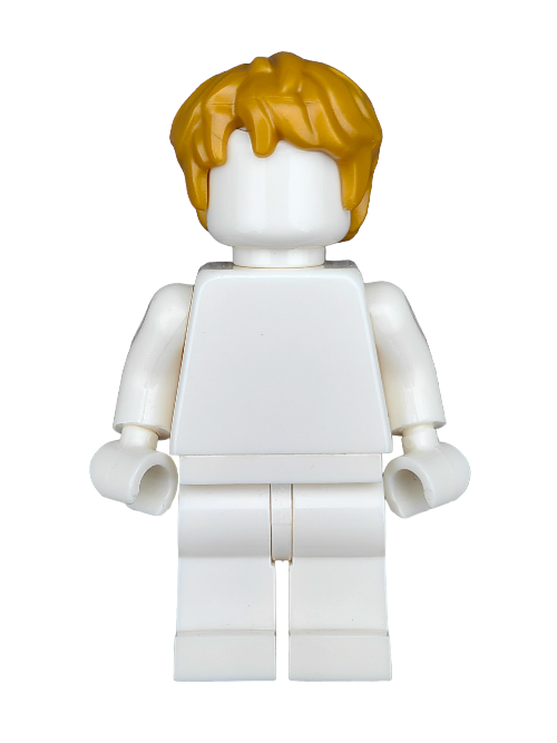 A LEGO minifigure sports a messy gold wig (LEGO 6350053) and white clothing, standing forward against a plain background.