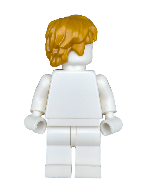 A white Lego minifigure, featuring generic parts like a standard block-shaped body, arms, and legs, is facing away. It sports the LEGO 6350053 Wig: Gold Hair Thick and Messy - UB1284 with a side part.