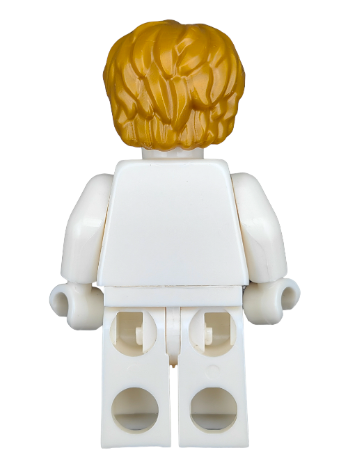 A LEGO minifigure dons a stylish, textured gold hairpiece labeled as LEGO 6350053 Wig, Gold Hair Thick and Messy - UB1284. It features a white shirt and pants, with arms at its sides, highlighting the wigs voluminous design from the back.