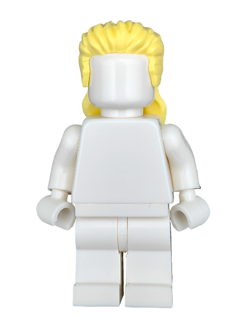 A LEGO minifigure dons the 6414911 Yellow Hair Long Mullet Wig - UB1254, featuring a minimalist white design with no facial features or clothing details.