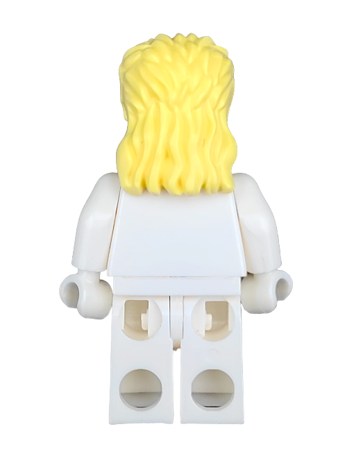 The LEGO minifigure back view showcases a yellow long mullet (Product: LEGO 6414911), featuring wavy hair, a white sleeveless top, pants, and arms positioned downward.