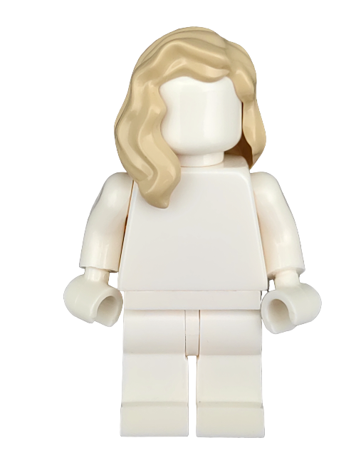 A white LEGO minifigure features a unique light tan hairpiece (LEGO 6356348) with long, wavy locks draped over the right shoulder. With no facial features or clothing, it offers a neutral pose, ideal for creating custom minifigures with distinct flair.