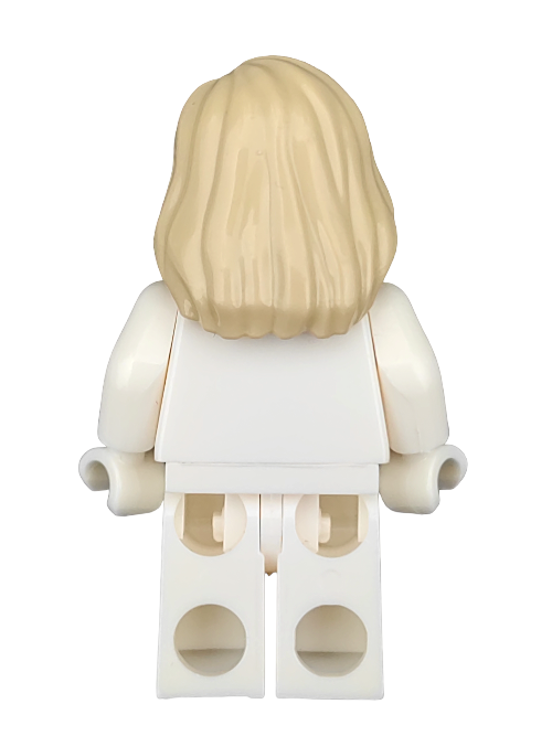 A custom minifigure sporting a LEGO 6356348 light tan hair wig with right shoulder drape is shown from the back, featuring a sleek white torso and legs, lacking visible facial details or accessories.