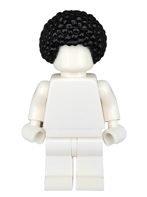 A LEGO 6407073 minifigure with a black, curly Afro hairstyle, named Wig, Hair Afro Style - UB1266, stands against a plain background. Without facial features or clothing details, it sparks endless creativity and is perfect for imaginative play.