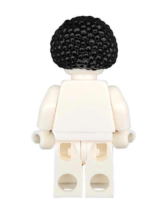 The back view of a LEGO minifigure with an Afro hairstyle (LEGO 6407073 Wig, Hair Afro Style - UB1266) atop a plain white torso and legs ignites imaginative play against a clean white background.