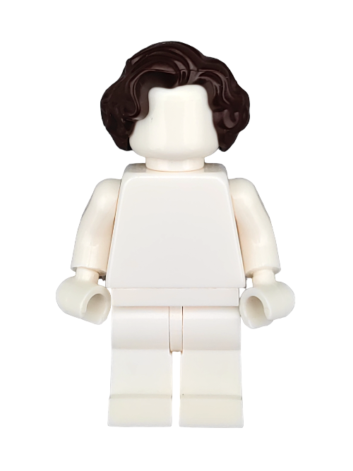 The LEGO minifigure features a plain white design with arms poised downward, complemented by a dark brown medium wavy hairpiece (LEGO 6310386 Wig UB1270), providing a blank canvas for creative storytelling.