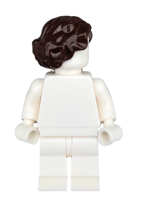 A white LEGO figurine with a blank torso and the LEGO 6310386 dark brown medium wavy side-parted wig is seen from the back on a white background.