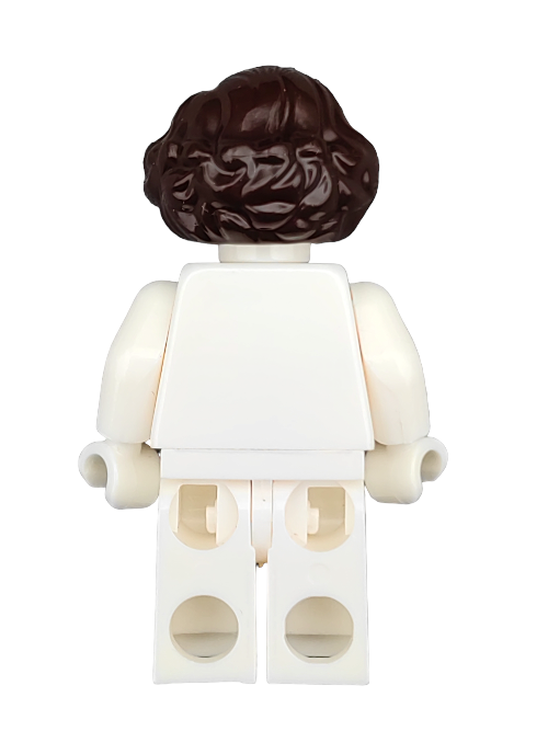 A rear view of a LEGO minifigure with a dark brown, medium wavy wig (6310386) in a white outfit, set against a plain white background.
