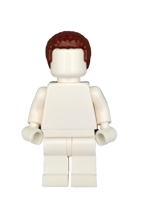 A LEGO minifigure with a plain white body and premium-quality, realistic brown hair (LEGO 6151877 Wig, Brown Hair Coiled - UB1274) stands against a white background. The figure is featureless and accessory-free.