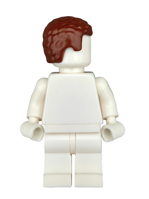 A Lego minifigure stands against a white background, facing away with an unpainted torso and legs. It features the premium LEGO 6151877 Wig, Brown Hair Coiled - UB1274, lacks facial features, adding to its minimalist design.