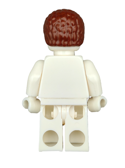 A LEGO figure with a white body featuring the premium-quality brown coiled hair of the LEGO 6151877 Wig, viewed from the back.