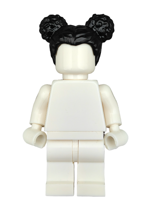 Against a plain backdrop, a white Lego minifigure features the LEGO 6397187 Wig, showcasing black hair with a center parting and two buns on top. Its arms are positioned at its sides, and it lacks facial details.