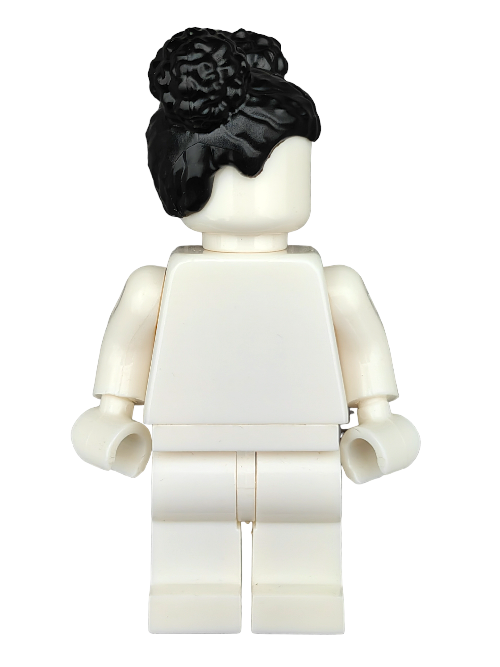 A white plastic building block figure wears the LEGO 6397187 Wig, featuring black hair with a center parting and two buns. The figure is faceless and lacks detail, posed against a plain white background.