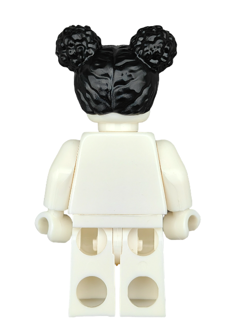 Back view of a white LEGO minifigure with the LEGO 6397187 Wig, featuring black hair styled with a center parting and two buns. The figure lacks facial features or clothing details and is set against a plain white background.