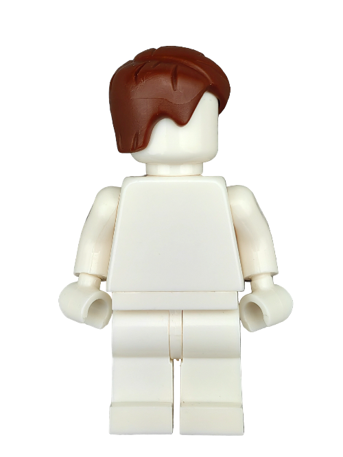 A white LEGO figure with brown hair styled in a short, side-combed wig (LEGO 6400296 UB1285) stands facing forward, featuring a plain torso and legs with arms at the sides—ideal for imaginative play or collectible figurine enthusiasts.