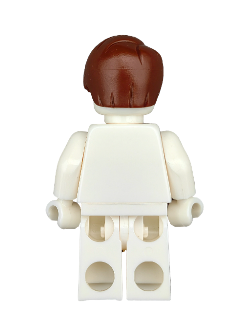 Back view of a white LEGO minifigure featuring missing hands and leg connection holes, showcasing the LEGO 6400296 Wig with short, side-combed brown hair. Ideal for imaginative play or as an addition to your collection of collectible figurines.