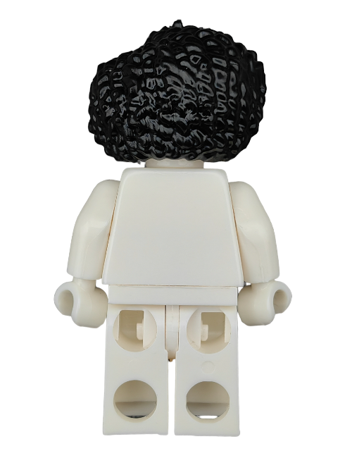 The UB1183 LEGO minifigure is depicted from the back with curly black hair, wearing plain white attire. The image highlights the hair and overall silhouette of the figure.