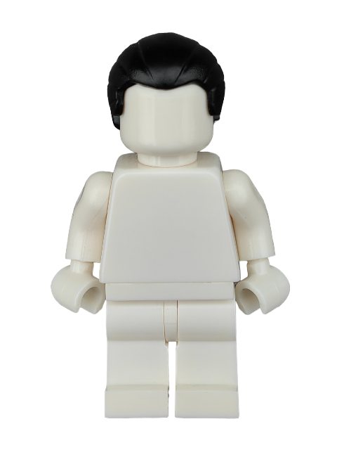 A white Lego minifigure displays a simple design with blocky limbs and a torso, sporting the LEGO 6292569 wig—styled in a straight cut with a low ponytail—on its unadorned face, all set against a plain white background.