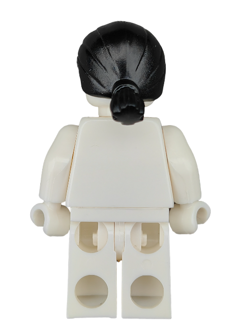 A rear view of a LEGO minifigure styled with the LEGO 6292569 Wig featuring straight black hair and a low ponytail, wearing a plain white outfit. The arms and legs are positioned downwards against a neutral background.