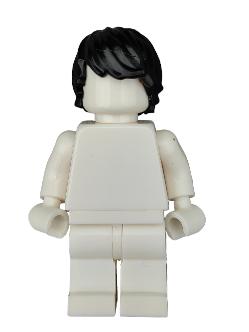 A white Lego minifigure, identified as LEGO 6079894, features a Minifigure Wig with black hair combed to the side against a plain background, showing no facial features or clothing details.