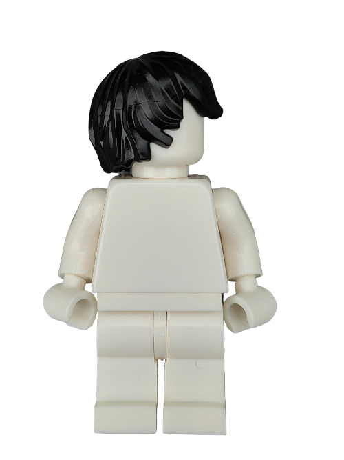 A faceless LEGO 6079894 Wig figures prominently with its back to the camera, showcasing its black, side-combed hair and a white body with no intricate details. This minimalist design emphasizes the accessorys sleek simplicity.