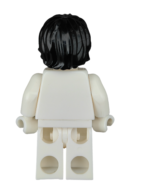 A rear view of a mini figurine with long black hair, dressed in white, highlights its LEGO 6079894 Wig, Black Hair Combed to the Side - UB1194 against a plain white background.