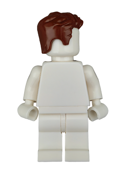 The white plastic minifigure, featuring the LEGO 6267760 brown-haired wig with a left-swept style and short sideburns, stands facing away. Its arms are slightly bent, lacking visible facial features, giving it a simplistic design akin to a classic toy figure.