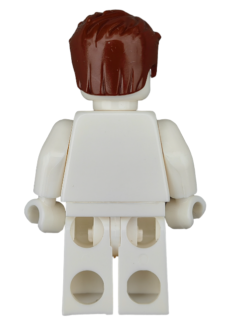 A rear view of a LEGO minifigure with the LEGO 6267760 Wig, featuring brown hair swept left with short sideburns, on its plain white body, arms, and legs, standing upright against a white background.