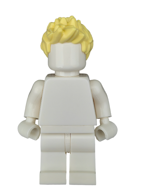 Against a white background, the LEGO 6353774 minifigure features spikey yellow hair (Wig UB1202), no facial features, a plain white body, and movable arms and legs, capturing the classic charm of beloved Minifigures.