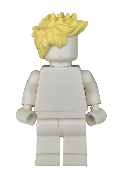 A LEGO minifigure featuring a yellow spiky wig, with a white body and arms at its sides, viewed from the back. Product: LEGO 6353774 Wig, Yellow Spikey Hair - UB1202.