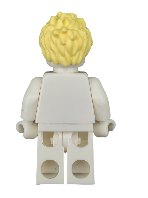 A rear view of LEGO 6353774 features a minifigure with yellow spikey hair, wearing a white outfit. The figures blocky shape and texture are showcased from behind.