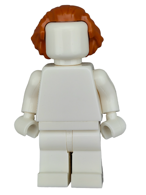 A LEGO 6239883 Minifigure stands with vivid ginger hair, featuring a blocky body typical of building block toys, arms at its sides, and no facial features. This small piece of miniaturized worlds sparks imagination.
